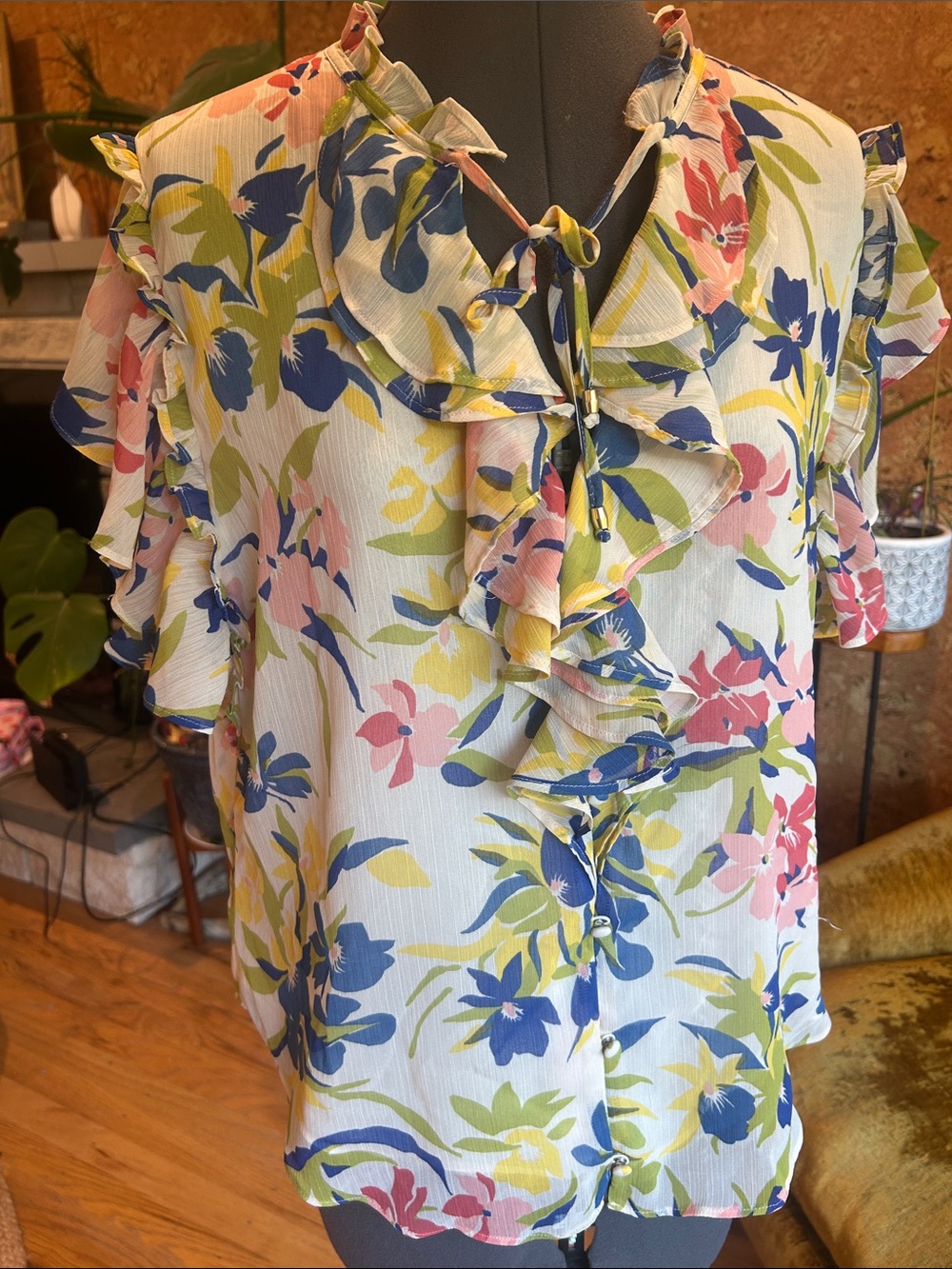 Ralph Lauren Cream Floral Ruffle Tie-Neck Blouse